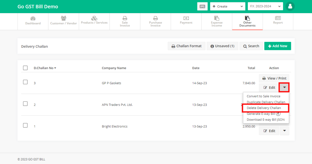 How to delete Delivery challan - 100% Free GST Billing Software For ...