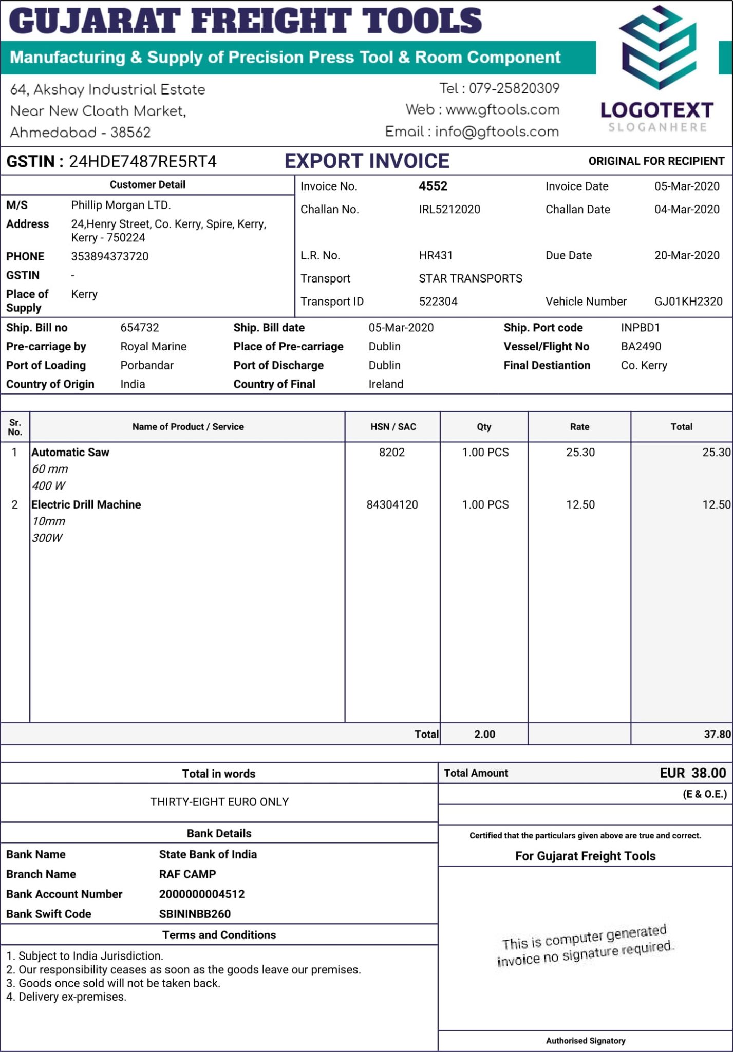 commercial invoice export template xls