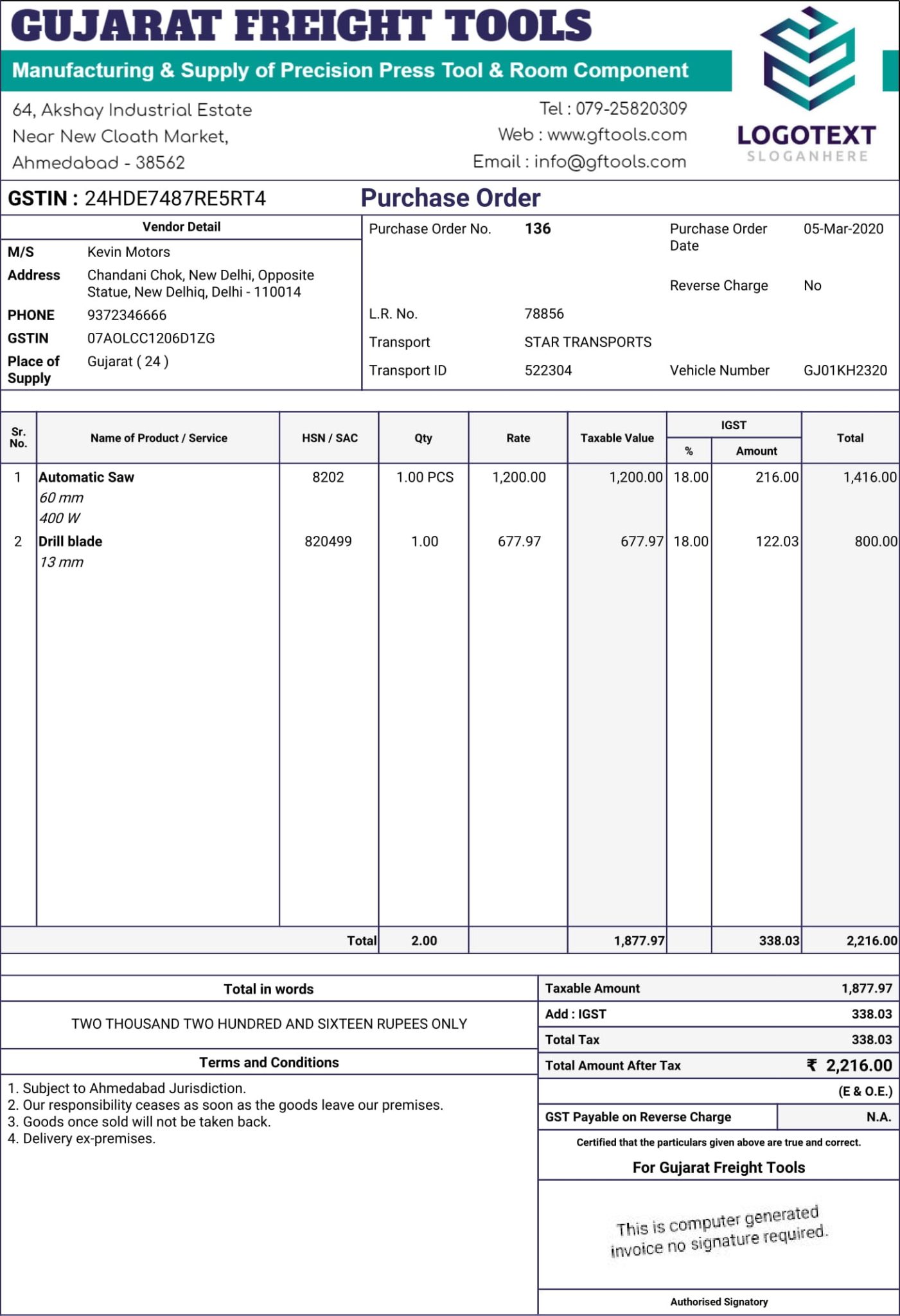 Purchase Order Template GST Purchase Order Format