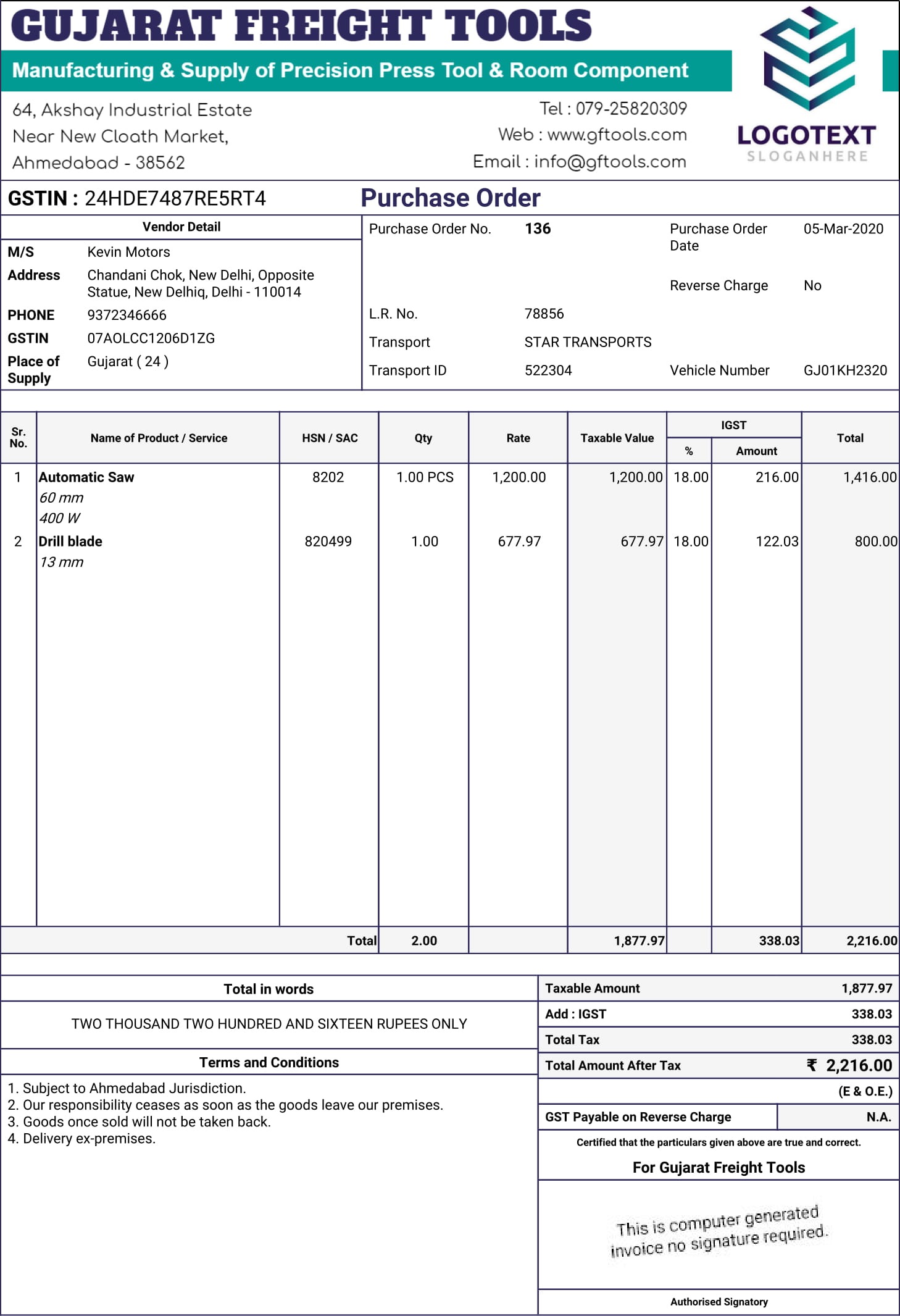 Purchase Order Template GST Purchase Order Format