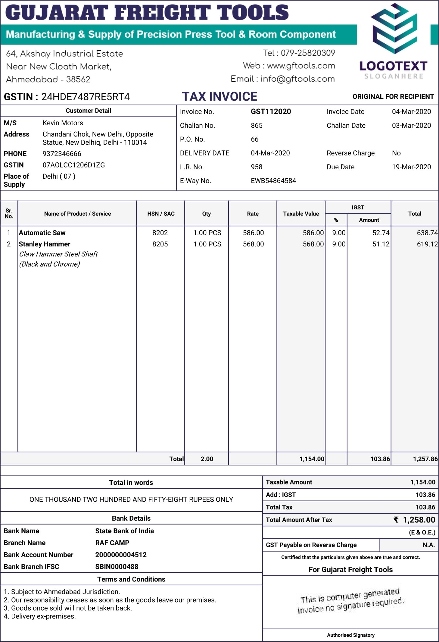 GST Invoice Format Style 1