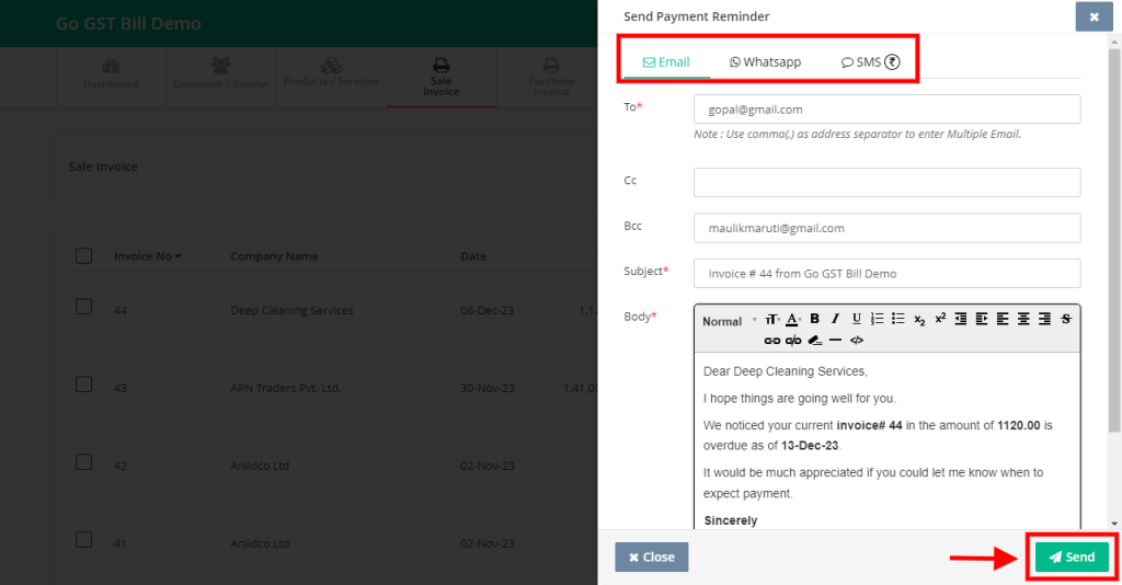 How to send payment reminder (SMS / WhatsApp / Email) - 100% Free GST ...