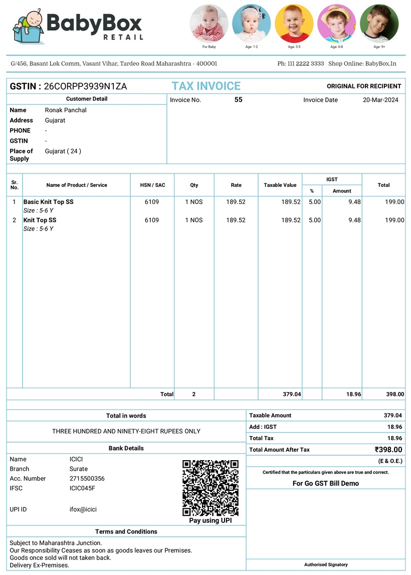 GST Invoice Format For Cloth Store Billing