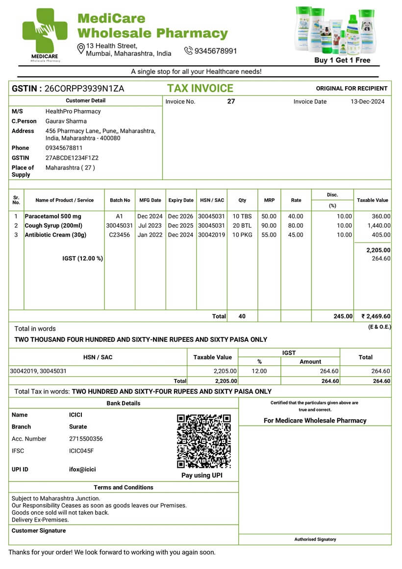 Sample GST-compliant medical bill invoice for pharmacies