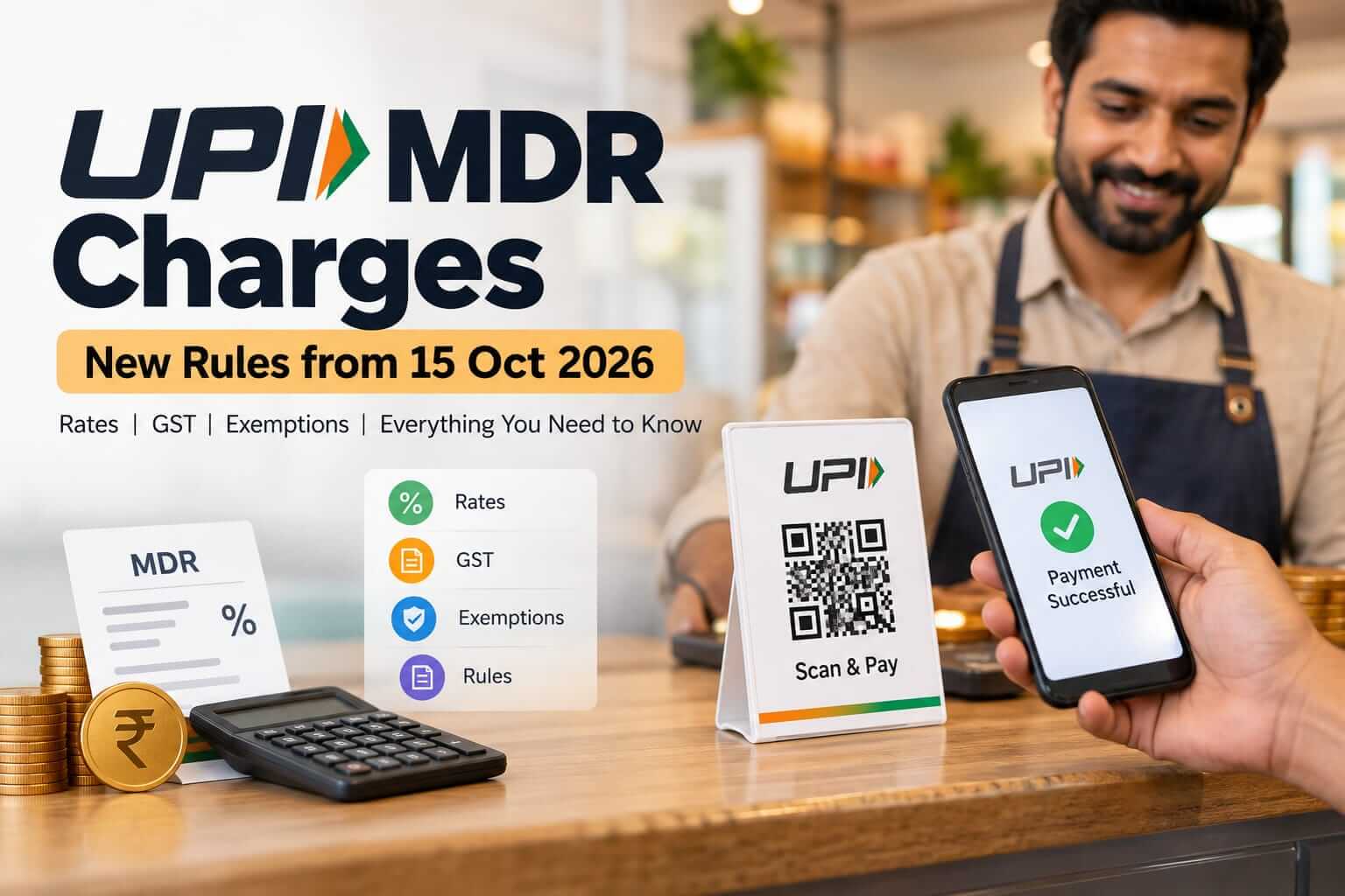 UPI MDR Charges 2026 new rules from 15 October with UPI QR payment A minimal UPI payment scene showing a smartphone and QR code stand, with the text UPI MDR Charges and New Rules from 15 Oct 2026.